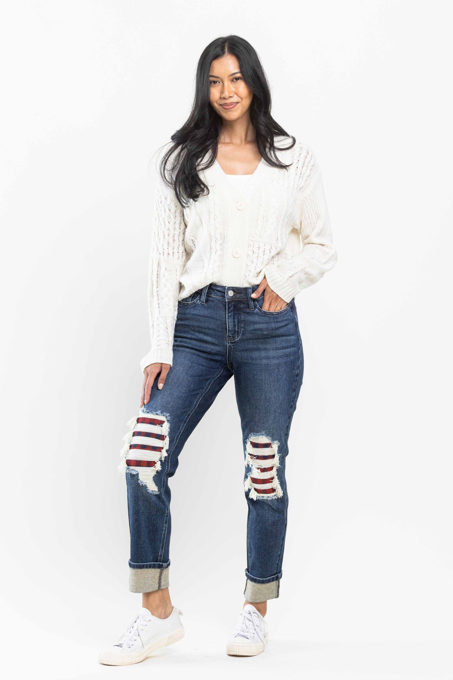 JUDY BLUE MID RISE BUFFALO PLAID KNEE DESTROY PATCHES & CUFF