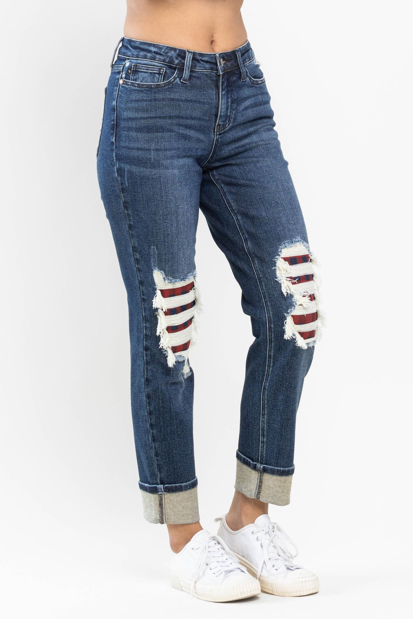 JUDY BLUE MID RISE BUFFALO PLAID KNEE DESTROY PATCHES & CUFF