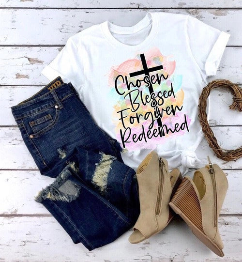 Southern Chic Blessed Forgiven Redeemed Graphic Tee