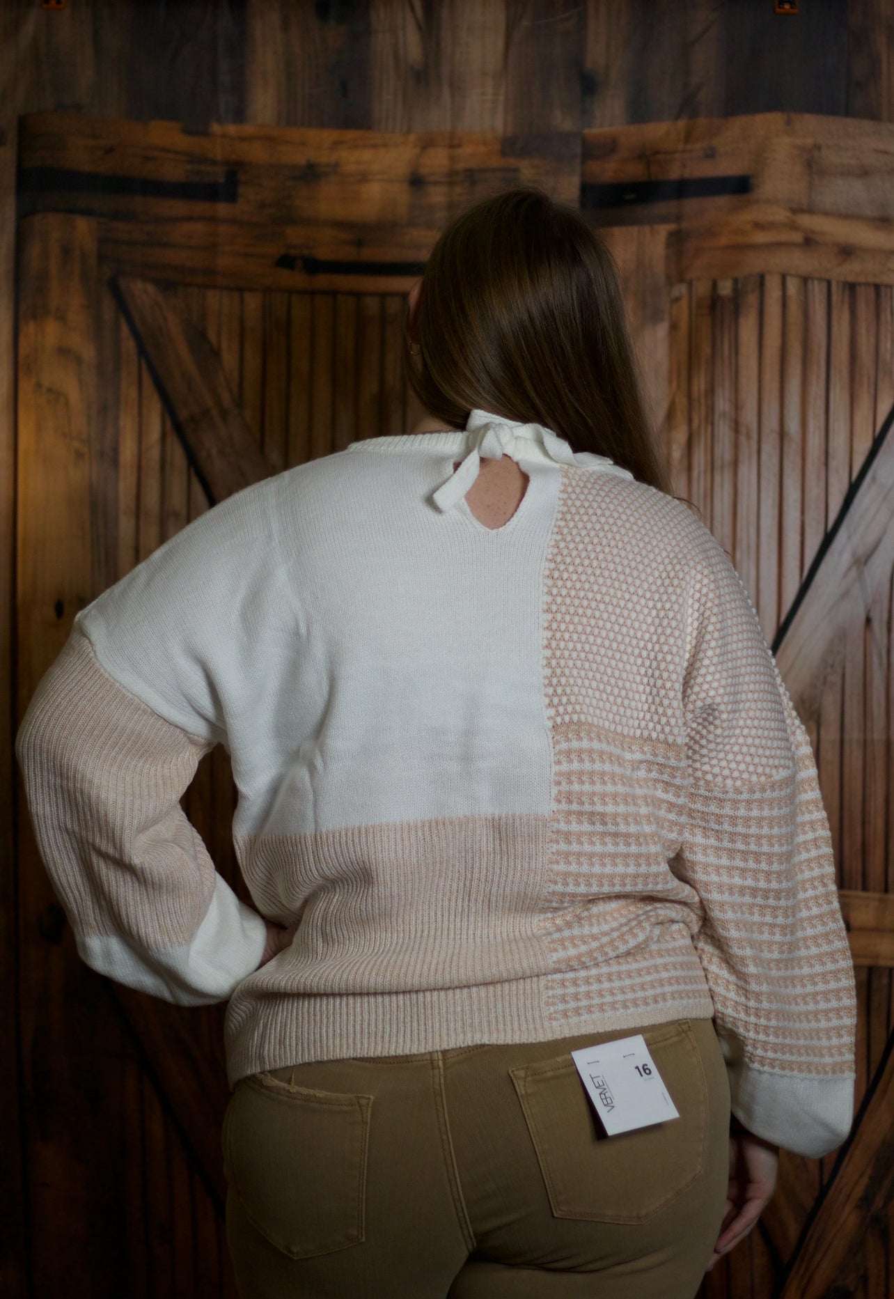 Oatmeal Mixed Pattern Knit Tie Back Drop Shoulder Sweater