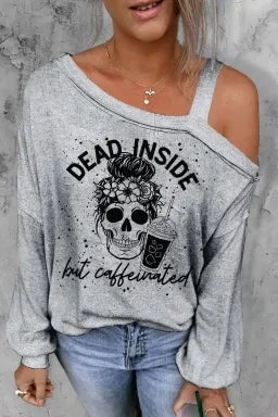 Grey Casual Letter Skull Long Sleeve Graphic Tee