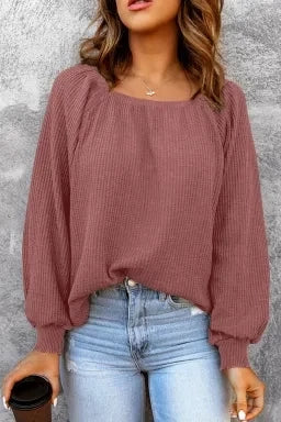 Waffle Texture Casual Square Neck Pullover Top (Multiple Colors)