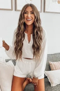 White Waffle Knit Buttoned Long Sleeve Crop & Shorts Lounge Set