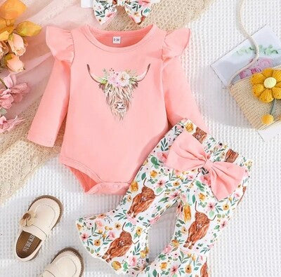 Pink Cattle Little Girl Set W/ Flared Leg