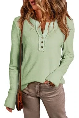 Waffle Textured Long Sleeve Henley Top (Multiple Colors)