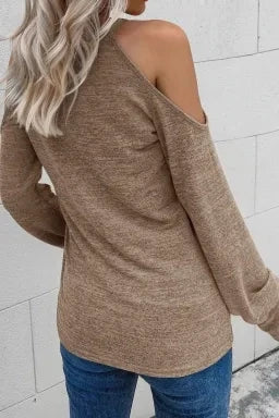 Khaki Marble Knit Cold Shoulder Long Sleeve Top