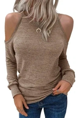 Khaki Marble Knit Cold Shoulder Long Sleeve Top