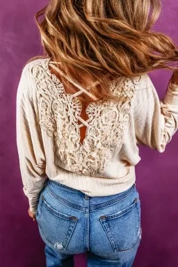 Oatmeal Lace-up Crochet Backless Ribbed Top