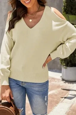 V Neck Twisted Back Cold Shoulder Sweater