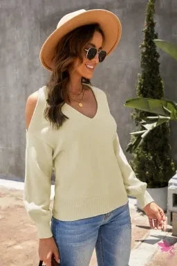 V Neck Twisted Back Cold Shoulder Sweater