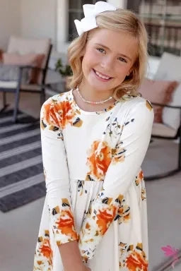 Floral White Swing Kids' Dress with Hidden Pockets