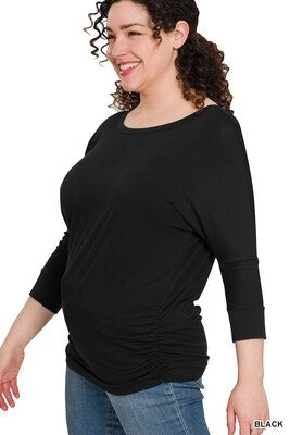 PLUS Luxe Rayon Boat Neck 3/4 Sleeve Top Shirred - Zenana (Multiple Colors)