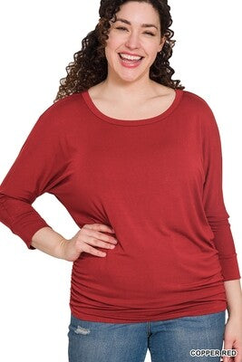 PLUS Luxe Rayon Boat Neck 3/4 Sleeve Top Shirred - Zenana (Multiple Colors)