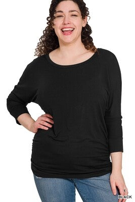 PLUS Luxe Rayon Boat Neck 3/4 Sleeve Top Shirred - Zenana (Multiple Colors)