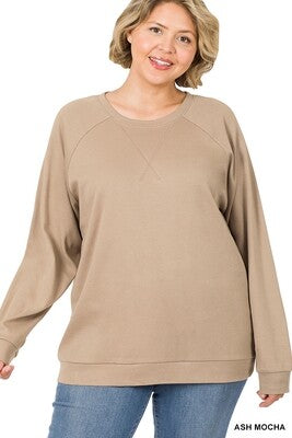 PLUS Cotton Raglan Long Sleeve Round Neck Pullover - Zenana (Multiple Colors)