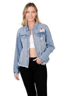 Distressed Denim Jacket - Zenana