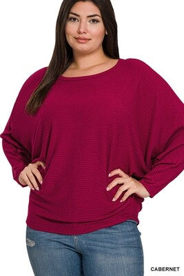 PLUS Ribbed Batwing Long Sleeve Boat Neck Sweater - Zenana (Multiple Colors)