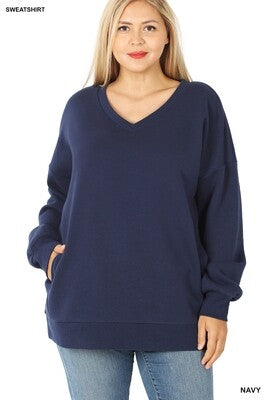 PLUS Long Sleeve V-Neck Sweatshirt Side Pockets - Zenana (Multiple Colors)