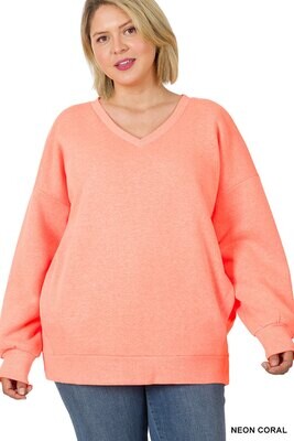 PLUS Long Sleeve V-Neck Sweatshirt Side Pockets - Zenana (Multiple Colors)