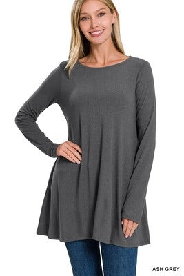 Long Sleeve Boat Neck Flared Pockets Tunic Top (Multiple Colors)