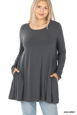 PLUS Long Sleeve Boat Neck Flared Tunic Top - Zenana (Multiple Colors)