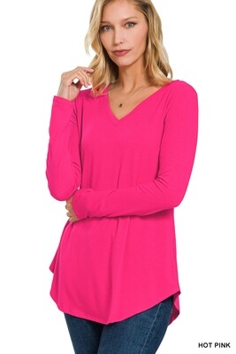 Long Sleeve V-Neck Round Hem Top (Multiple Colors)