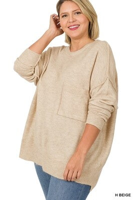 PLUS Melange Hi-Low Hem Pocket Sweater - Zenana