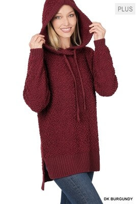 Hooded Hi-Low Hem Popcorn Sweater - Zenana