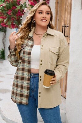 Khaki Plus Size Washed Cord Plaid Shirt