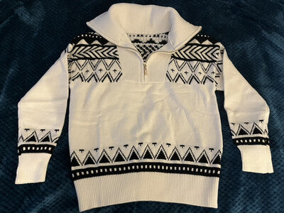 WHITE GEOMOETRY KNIT QUARTER ZIP SWEATER