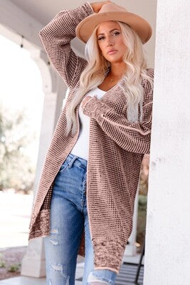 Plaid Knitted Long Open Front Cardigan (Multiple Colors)