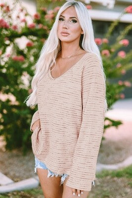 Pretty in Pink Waffled Knit Long Sleeve V-Neck Frayed Top