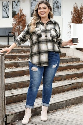 Plus Size Brushed Black & White Plaid Flap Pocket Shacket