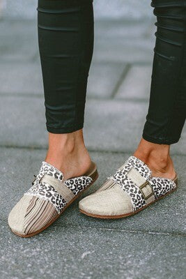 Leopard Distressed Patchwork Buckle Round Toe Slippers