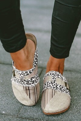 Leopard Distressed Patchwork Buckle Round Toe Slippers