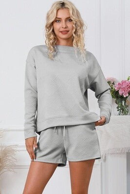 Textured Long Sleeve Top and Drawstring Shorts Set (Multiple Colors)