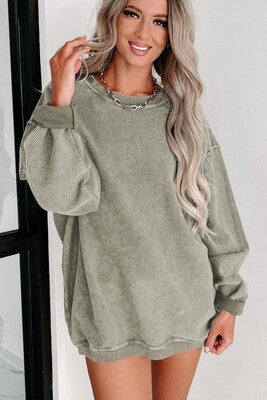 Green Gray Solid Ribbed Knit Round Neck Pullover Sweatshirt