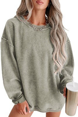 Green Gray Solid Ribbed Knit Round Neck Pullover Sweatshirt