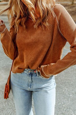 Rust Brown Textured Round Neck Long Sleeve Top