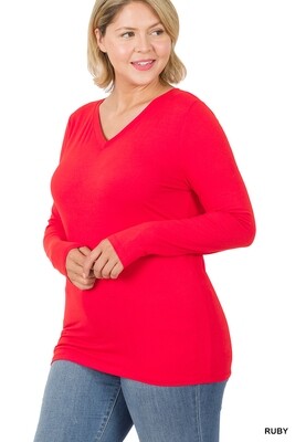 PLUS BRUSHED MICROFIBER LONG SLEEVE V-NECK TEE - ZENANA (MULTIPLE COLORS)