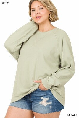 PLUS Cotton Raglan Long Sleeve Round Neck Pullover - Zenana (Multiple Colors)