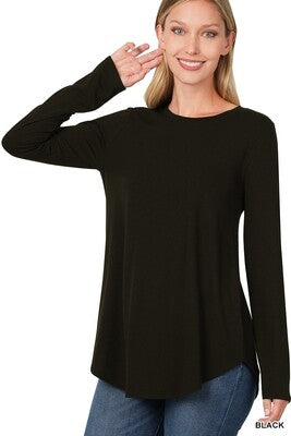 LONG SLEEVE ROUND NECK ROUND HEM TOP - ZENANA (MULTIPLE COLORS)