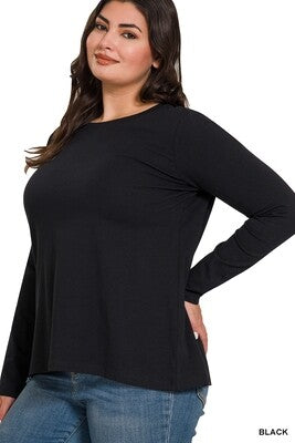 PLUS COTTON CREW NECK LONG SLEEVE T-SHIRT - ZENANA (MULTIPLE COLORS)