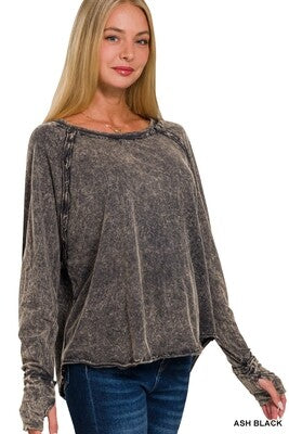 ZENANA CRINKLE WASHED THUMB HOLE CUFFS LONG SLEEVE TOP (MULTIPLE COLORS)