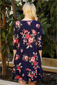 Floral Quarter Sleeve Ruffle Hem Dress