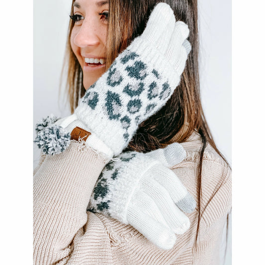 Leopard Print Cuffed C.C. Gloves with Pom