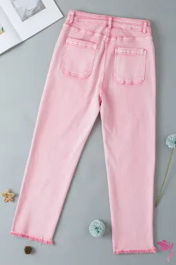 Apricot Pink Multi Buttons Raw Edge Crop Jeans