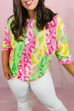 Multicolour Leopard Knitted Plus Size T Shirt