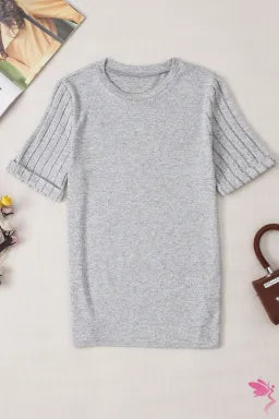 Gray Ribbed Splicing Sleeve T-shirt