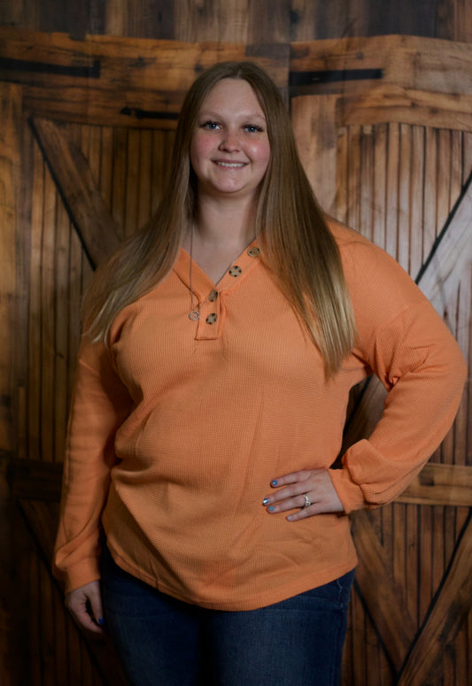 Orange Buttoned V Neck Waffle Knit Plus Size Top